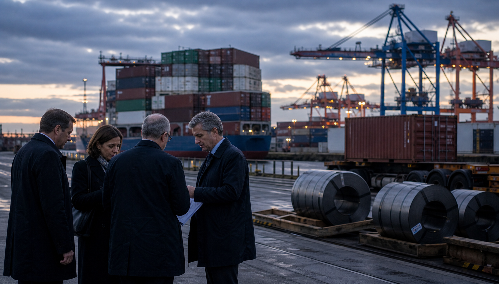 AI-foto van een Europese haven met containers, staalrollen en overleggende functionarissen als beeld bij de hardere EU-koers tegenover Chinese handelsdruk.