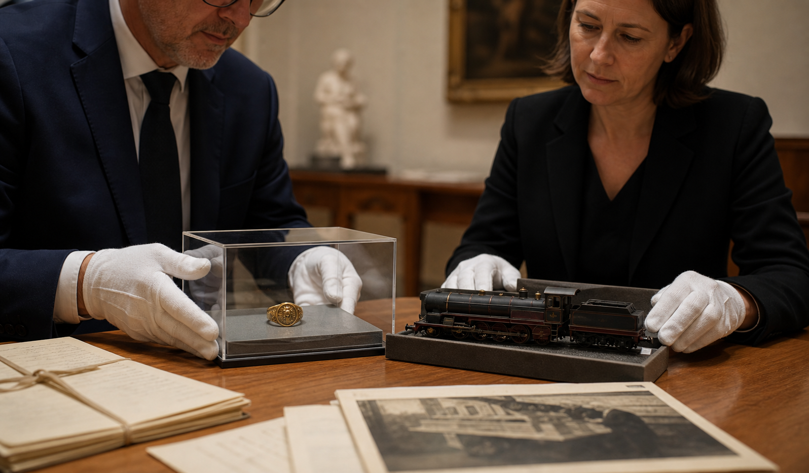 AI-foto van een rustige museum- of archiefoverdracht met handschoenen, documenten, een gouden ring en historische treinmodellen als beeld bij Duitse restitutie aan Polen.