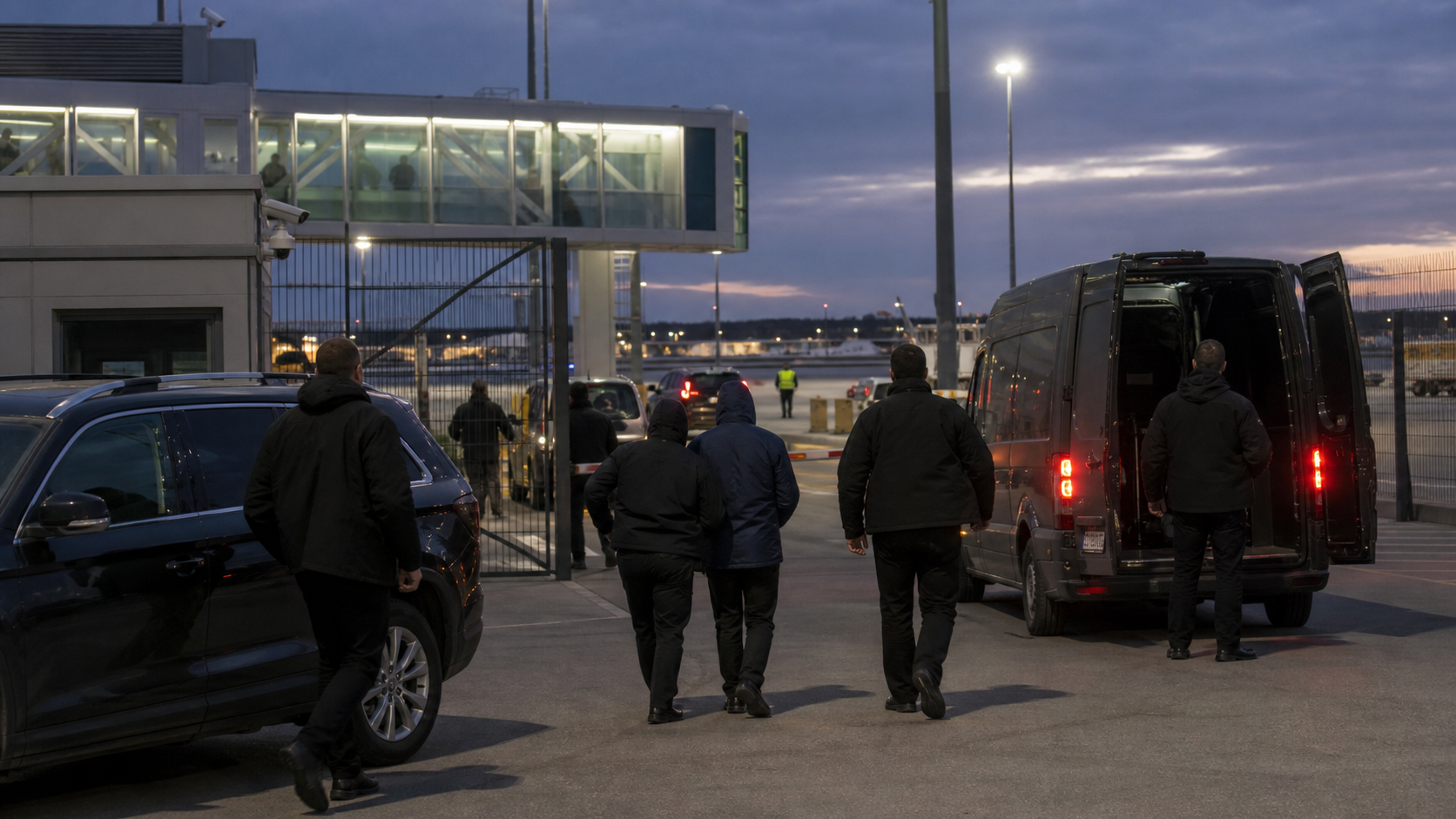 AI-foto van een streng bewaakte luchthaventransfer met politievoertuigen en justitiepersoneel als beeld bij de uitlevering van een verdachte aan Curaçao.