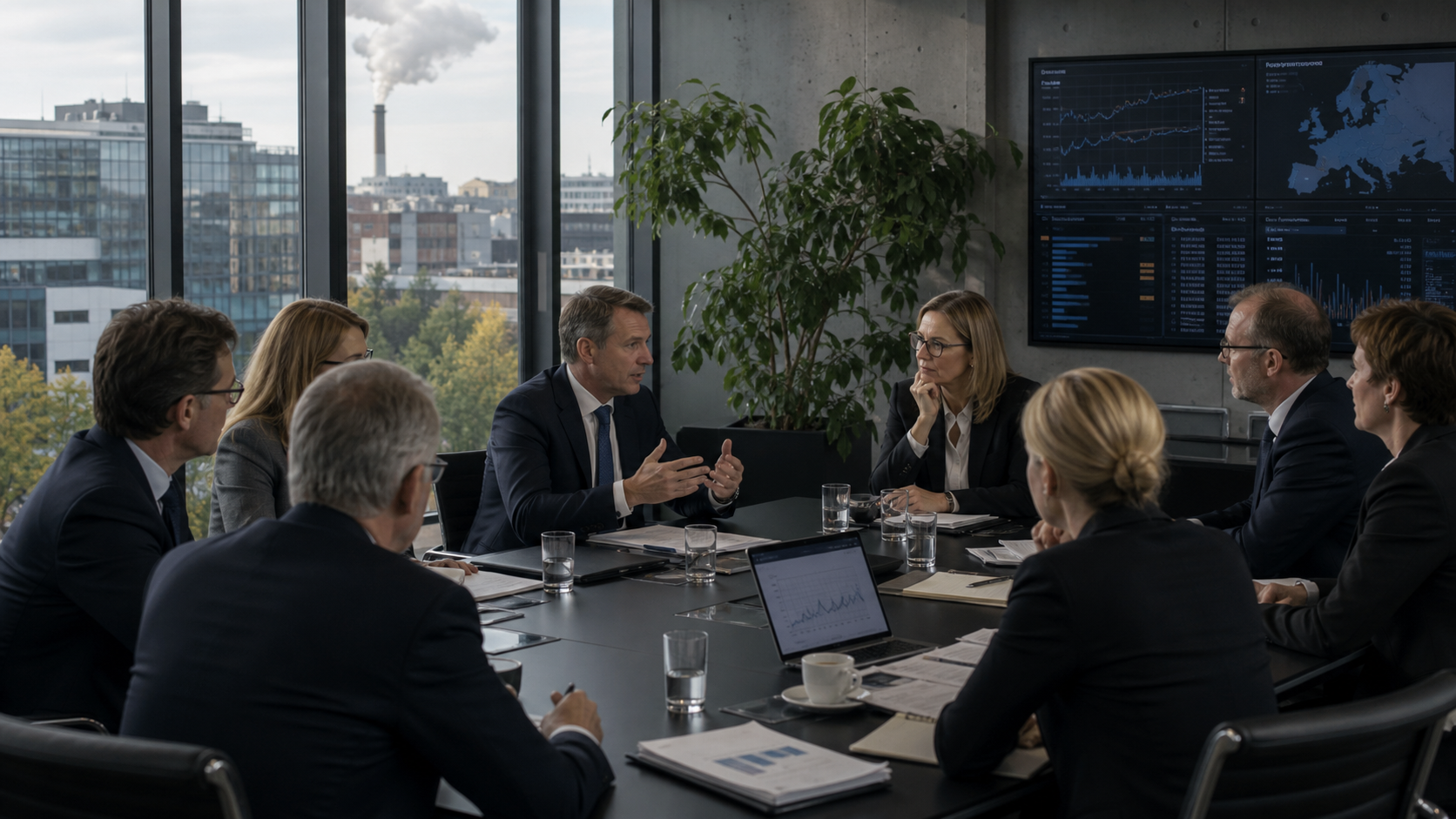 AI-foto van een modern Europees beleidsoverleg met adviseurs, schermen en economische dossiers als beeld bij het debat over Europese concurrentiekracht.