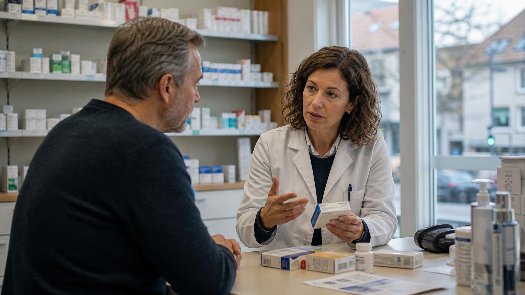 AI-foto van een Europese apotheek- of consultsetting met medicatieverpakking en overleg tussen zorgverlener en patiënt als beeld bij nieuwe afslankmedicatie.