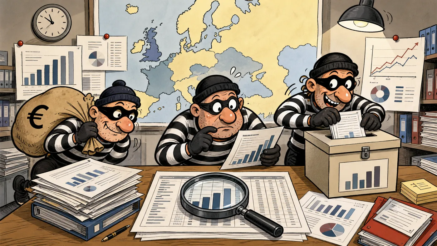 Redactionele karikatuur van drie generieke boeven bij Europese kaarten, grafieken en politiedata als illustratie bij criminaliteitsstatistieken naar nationaliteit.