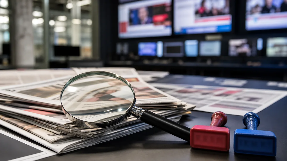 Redactioneel AI-beeld van een vergrootglas op kranten in een redactieruimte met onscherpe rode en blauwe stempels als beeld bij mediaframing, labels en bewijs.