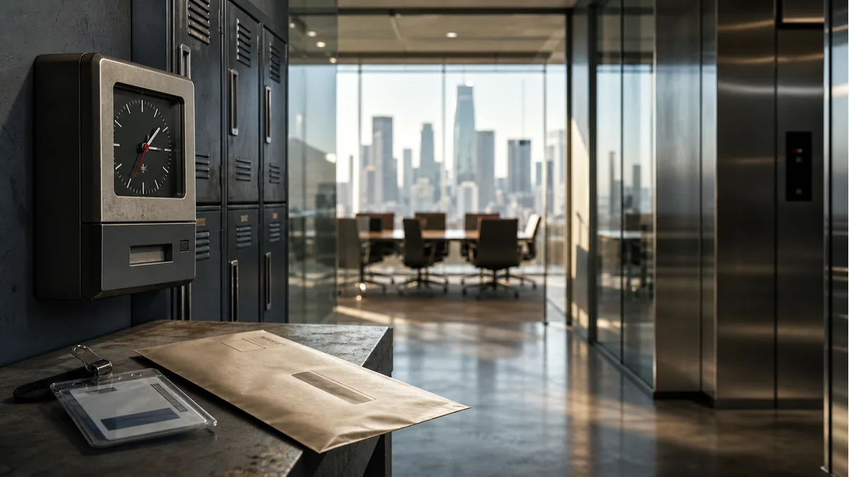 Realistisch redactioneel AI-beeld van een prikklok, werknemerskluisjes en een loon-envelop op de voorgrond met een glazen boardroom en stadsskyline op de achtergrond als beeld bij CEO-beloning en loonafstand.