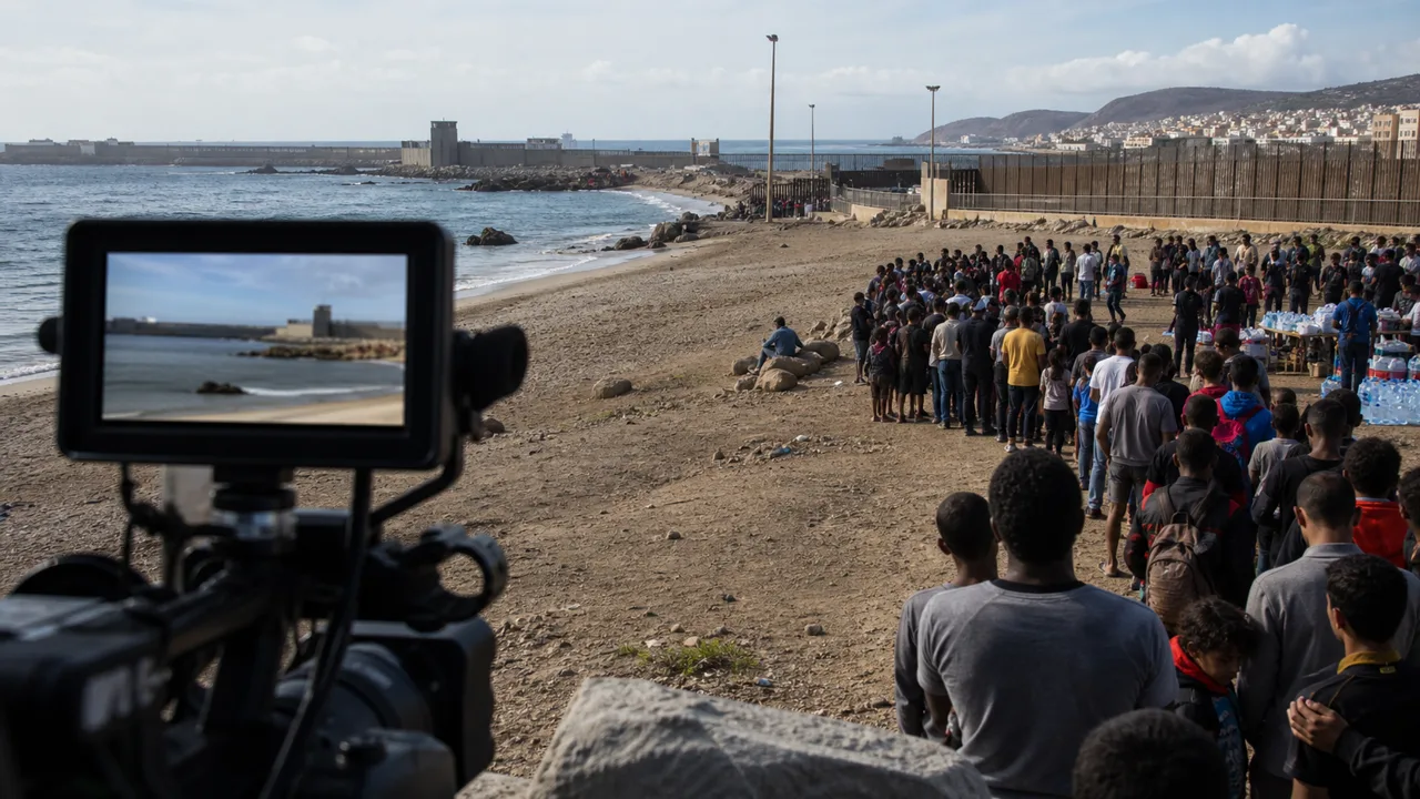 Een televisiecamera toont een rustige uitsnede van een Ceuta-achtige kust, terwijl buiten het camerabeeld een lange rij mensen op voedsel en water wacht, realistisch redactioneel AI-beeld